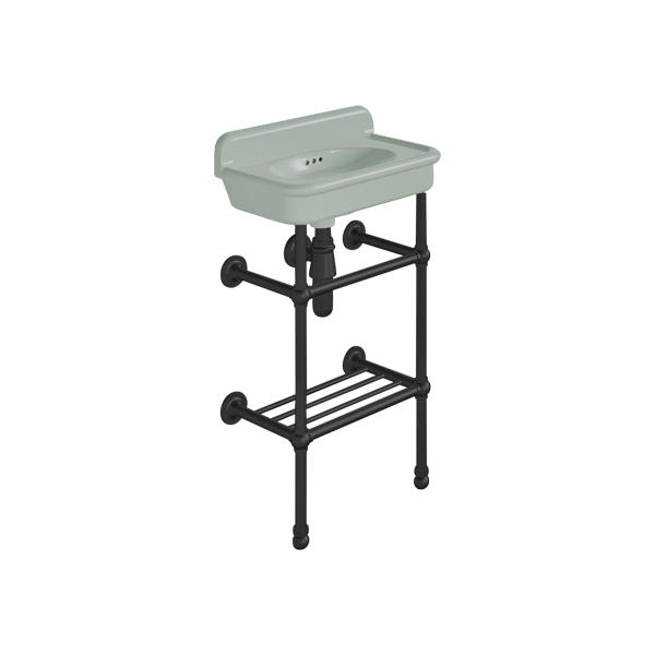 Rockwell Cloakroom Basin 480w x 300d in Willow Green on basin stand with shelf. Zero, one or two tap holes.