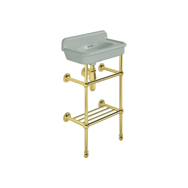 Rockwell Cloakroom Basin 480w x 300d in Willow Green on basin stand with shelf. Zero, one or two tap holes.