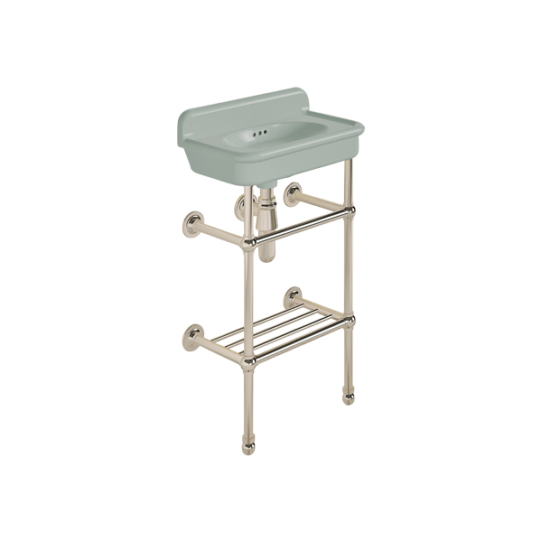 Rockwell Cloakroom Basin 480w x 300d in Willow Green on basin stand with shelf. Zero, one or two tap holes.