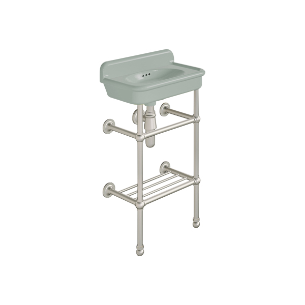 Rockwell Cloakroom Basin 480w x 300d in Willow Green on basin stand with shelf. Zero, one or two tap holes.