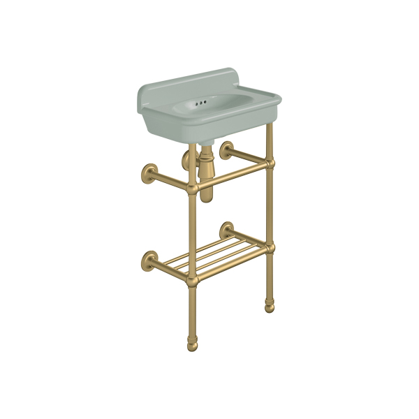 Rockwell Cloakroom Basin 480w x 300d in Willow Green on basin stand with shelf. Zero, one or two tap holes.