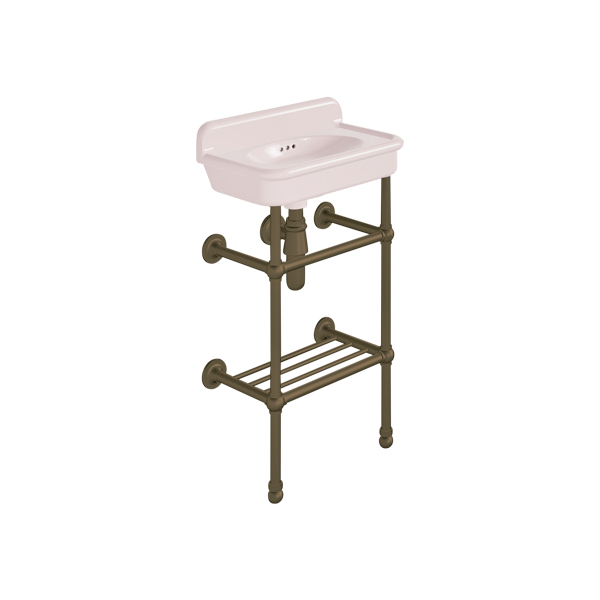 Rockwell Cloakroom Basin 480w x 300d in Pale Pink on basin stand with shelf. Zero, one or two tap holes.