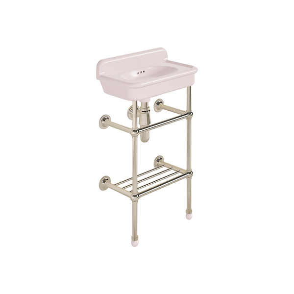 Rockwell Cloakroom Basin 480w x 300d in Pale Pink on basin stand with shelf. Zero, one or two tap holes.