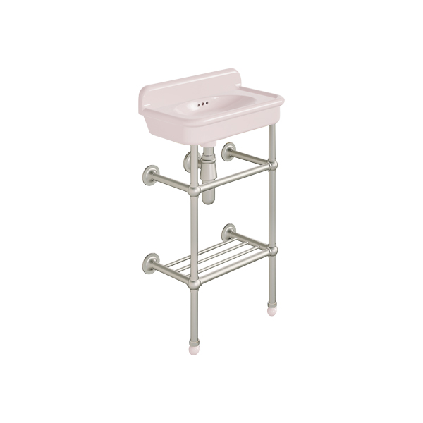 Rockwell Cloakroom Basin 480w x 300d in Pale Pink on basin stand with shelf. Zero, one or two tap holes.