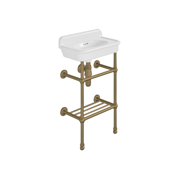 Rockwell Cloakroom Basin 480w x 300d in Snowdrop White on basin stand with shelf. Zero, one or two tap holes.