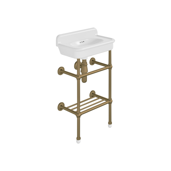 Rockwell Cloakroom Basin 480w x 300d in Snowdrop White on basin stand with shelf. Zero, one or two tap holes.
