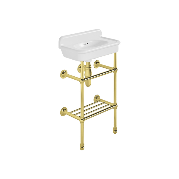 Rockwell Cloakroom Basin 480w x 300d in Snowdrop White on basin stand with shelf. Zero, one or two tap holes.