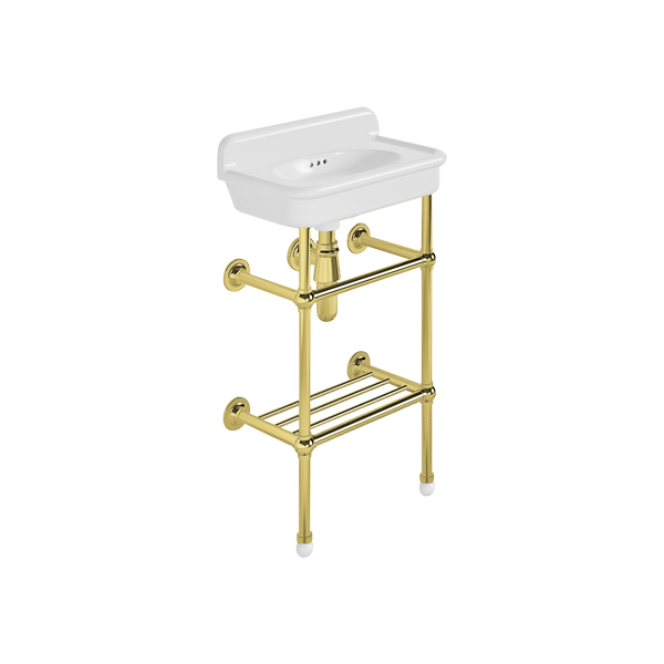 Rockwell Cloakroom Basin 480w x 300d in Snowdrop White on basin stand with shelf. Zero, one or two tap holes.