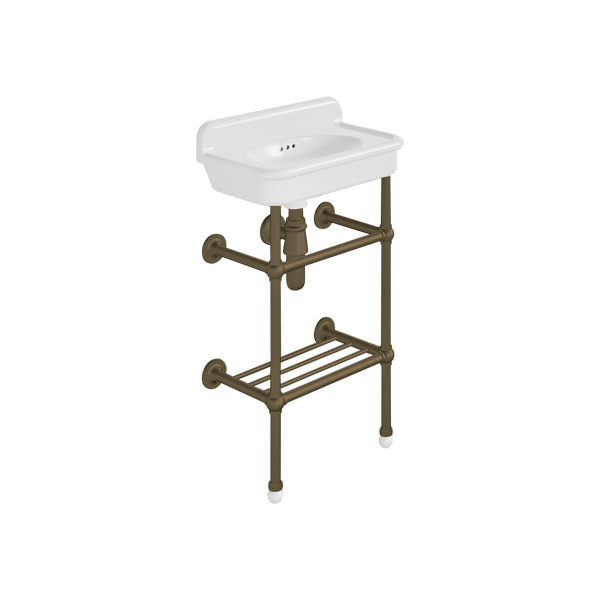 Rockwell Cloakroom Basin 480w x 300d in Snowdrop White on basin stand with shelf. Zero, one or two tap holes.