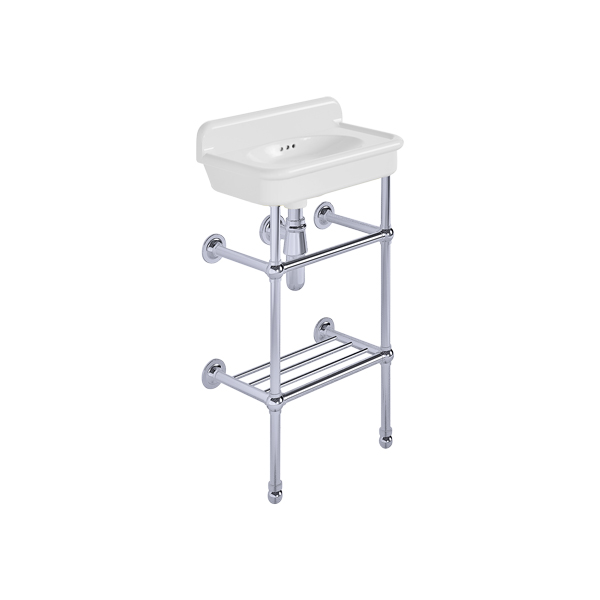 Rockwell Cloakroom Basin 480w x 300d in Snowdrop White on basin stand with shelf. Zero, one or two tap holes.