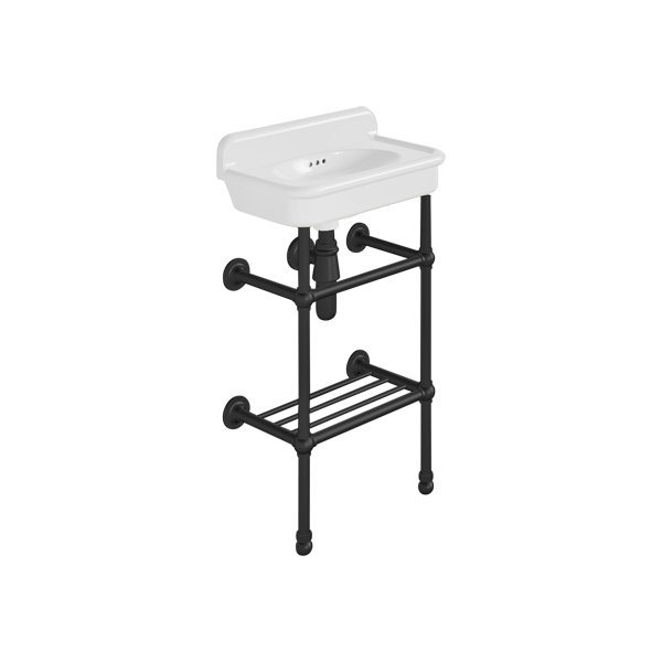 Rockwell Cloakroom Basin 480w x 300d in Snowdrop White on basin stand with shelf. Zero, one or two tap holes.