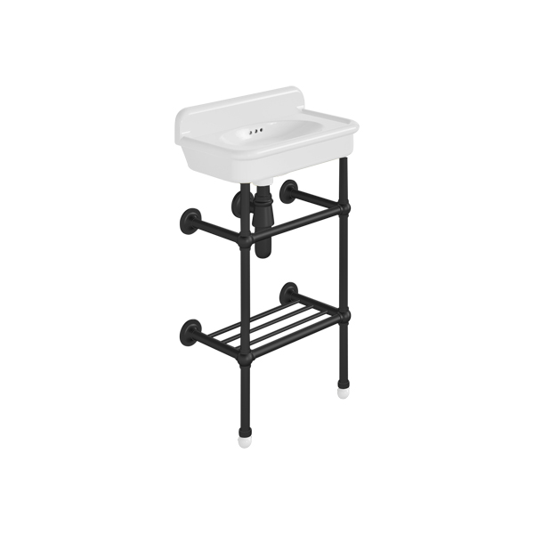 Rockwell Cloakroom Basin 480w x 300d in Snowdrop White on basin stand with shelf. Zero, one or two tap holes.