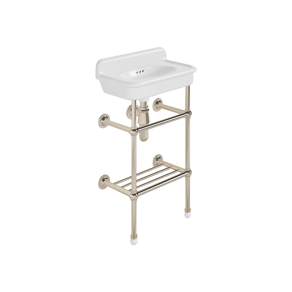 Rockwell Cloakroom Basin 480w x 300d in Snowdrop White on basin stand with shelf. Zero, one or two tap holes.