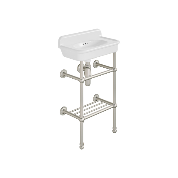 Rockwell Cloakroom Basin 480w x 300d in Snowdrop White on basin stand with shelf. Zero, one or two tap holes.