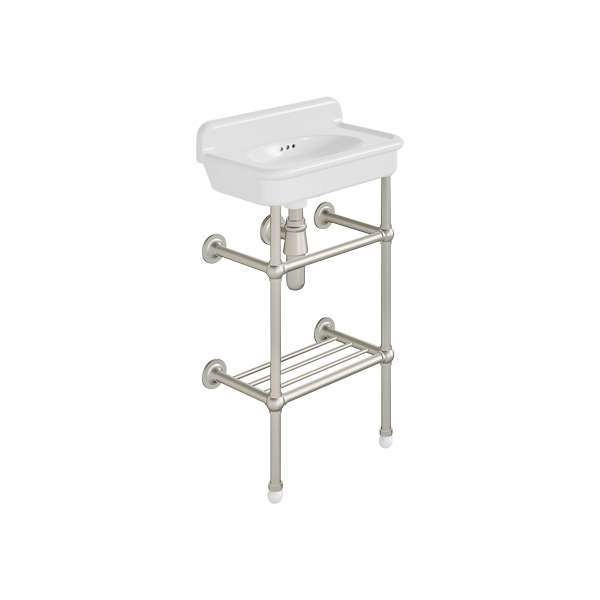 Rockwell Cloakroom Basin 480w x 300d in Snowdrop White on basin stand with shelf. Zero, one or two tap holes.