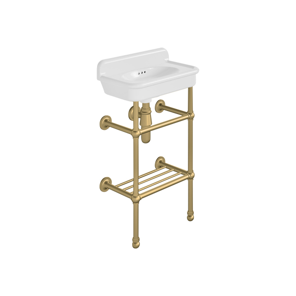 Rockwell Cloakroom Basin 480w x 300d in Snowdrop White on basin stand with shelf. Zero, one or two tap holes.