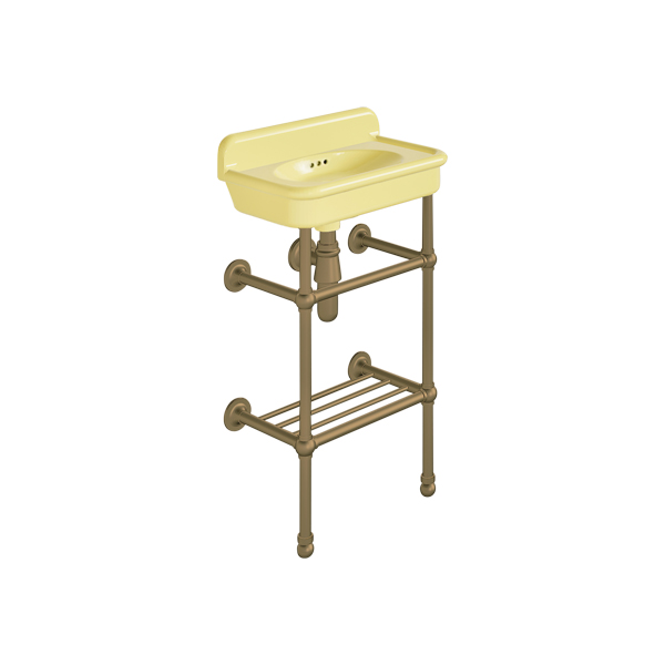 Rockwell Cloakroom Basin 480w x 300d in Sherbet Yellow on basin stand with shelf. Zero, one or two tap holes.