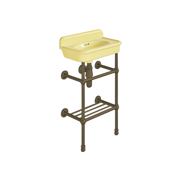 Rockwell Cloakroom Basin 480w x 300d in Sherbet Yellow on basin stand with shelf. Zero, one or two tap holes.
