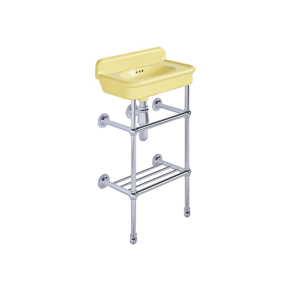 Rockwell Cloakroom Basin 480w x 300d in Sherbet Yellow on basin stand with shelf. Zero, one or two tap holes.