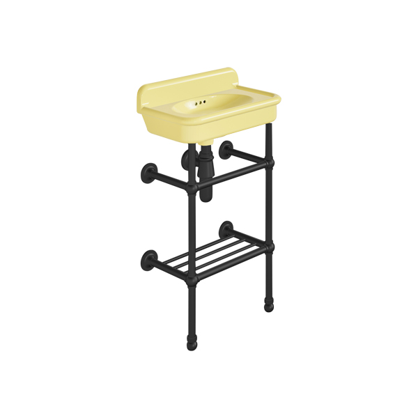 Rockwell Cloakroom Basin 480w x 300d in Sherbet Yellow on basin stand with shelf. Zero, one or two tap holes.