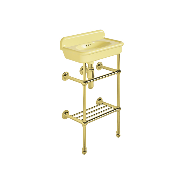 Rockwell Cloakroom Basin 480w x 300d in Sherbet Yellow on basin stand with shelf. Zero, one or two tap holes.