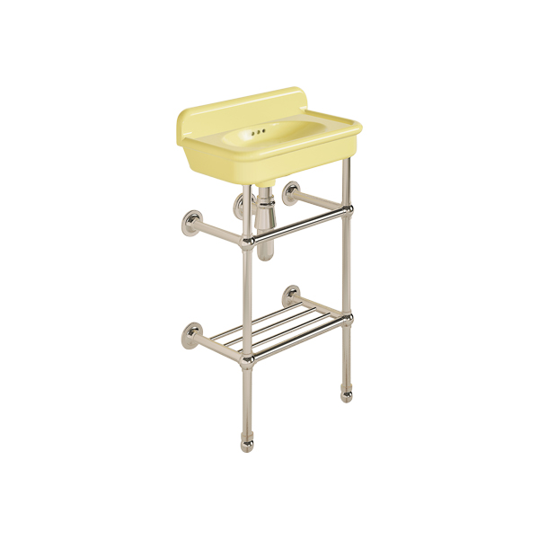 Rockwell Cloakroom Basin 480w x 300d in Sherbet Yellow on basin stand with shelf. Zero, one or two tap holes.