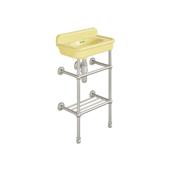 Rockwell Cloakroom Basin 480w x 300d in Sherbet Yellow on basin stand with shelf. Zero, one or two tap holes.