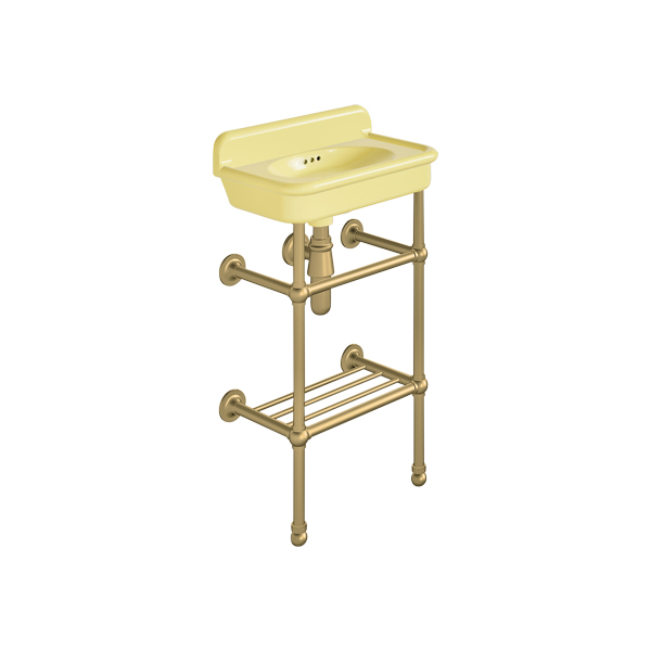 Rockwell Cloakroom Basin 480w x 300d in Sherbet Yellow on basin stand with shelf. Zero, one or two tap holes.