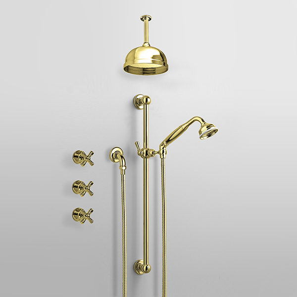 ROCKWELL - Shower layout - ceiling arm, rose, handshower on rail & xheads