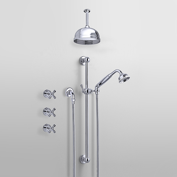 ROCKWELL - Shower layout - ceiling arm, rose, handshower on rail & xheads