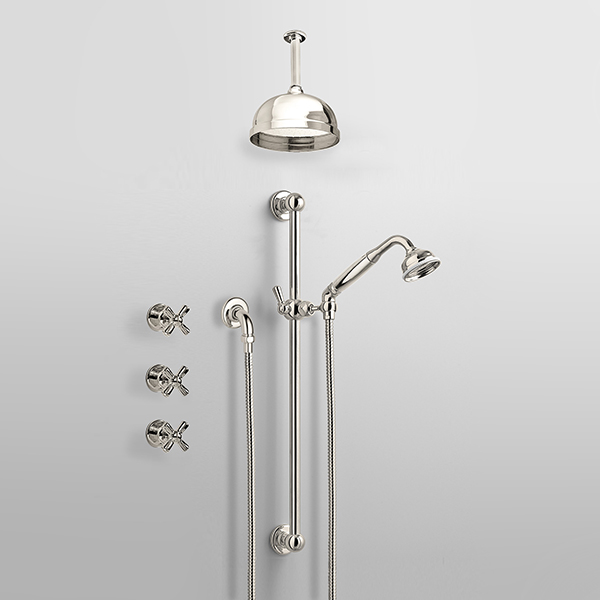 ROCKWELL - Shower layout - ceiling arm, rose, handshower on rail & xheads